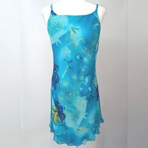 Vintage Y2K Jones Wear Dress Blue Green Floral Ruffle Hem Sleeveless Dress 14